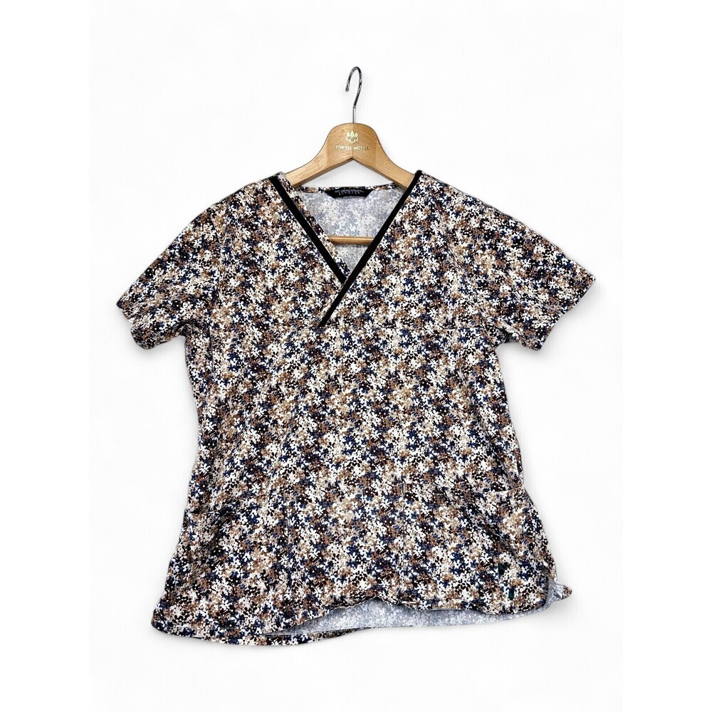Nu Dimension V-Neck Floral Scrub Top Brown Short Sleeve‎